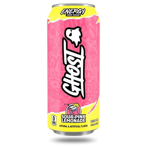 GHOST ENERGY Zero Sugars Energy Drink, Sour Pink Lemonade, 200mg Natural Caffeine, 16 fl oz Can
