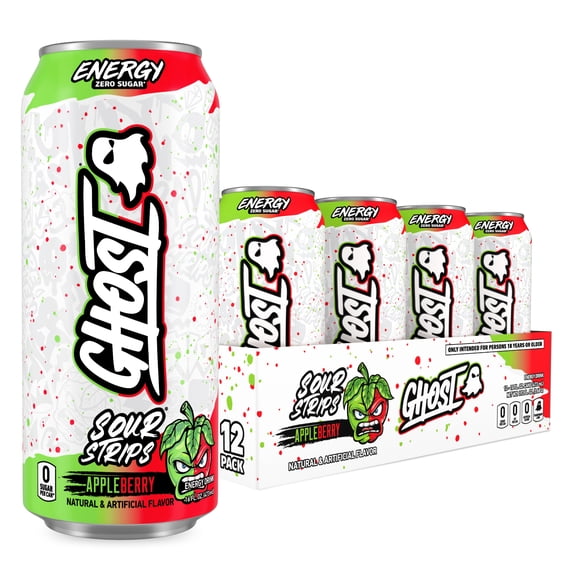 GHOST ENERGY Zero Sugars Energy Drink, Sour Strips Appleberry, 200mg Natural Caffeine, 16 fl oz Can, 12-Pack