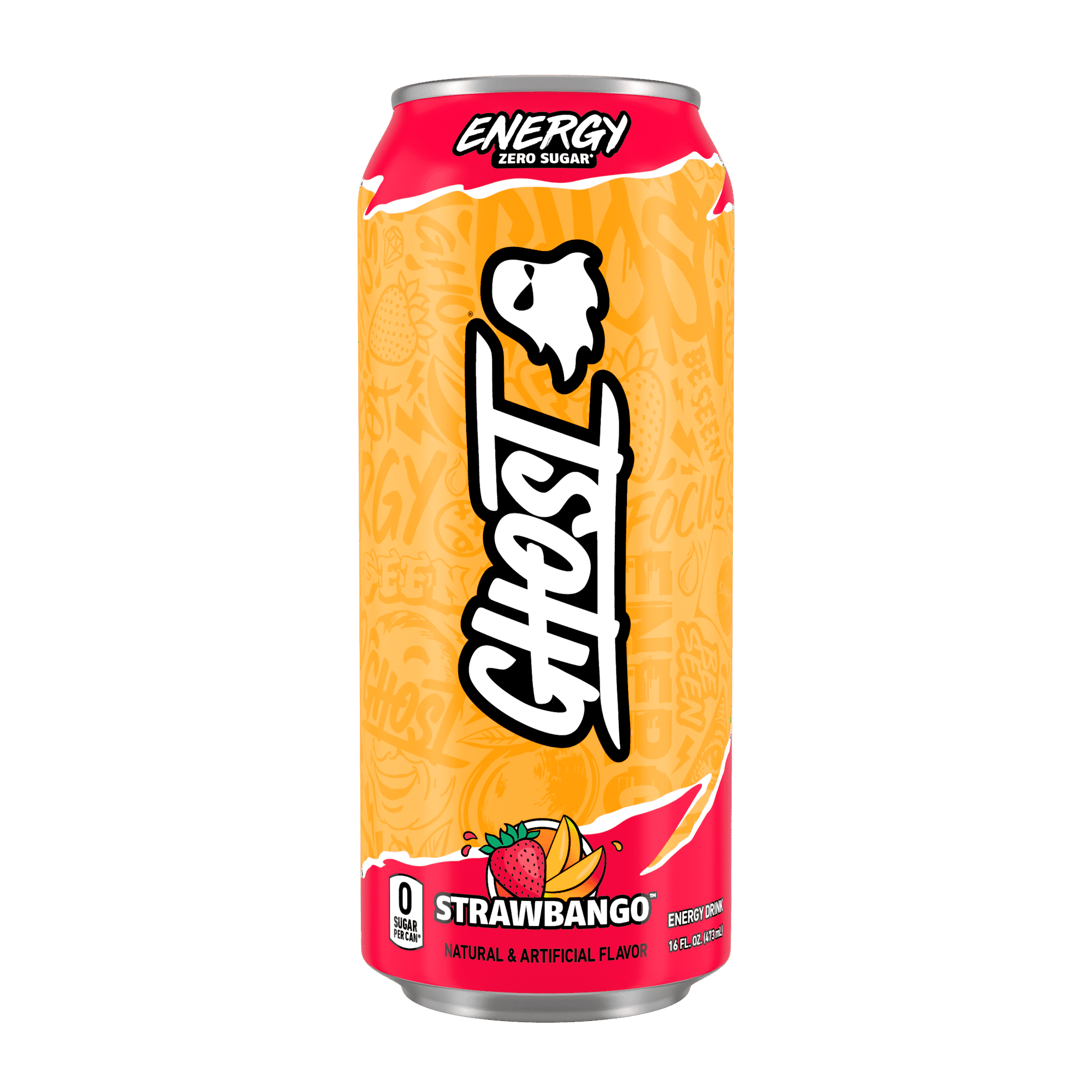 GHOST ENERGY Zero Sugars Energy Drink, Strawbango, 200mg Natural Caffeine, 16 fl oz Can ( 4 Pack )