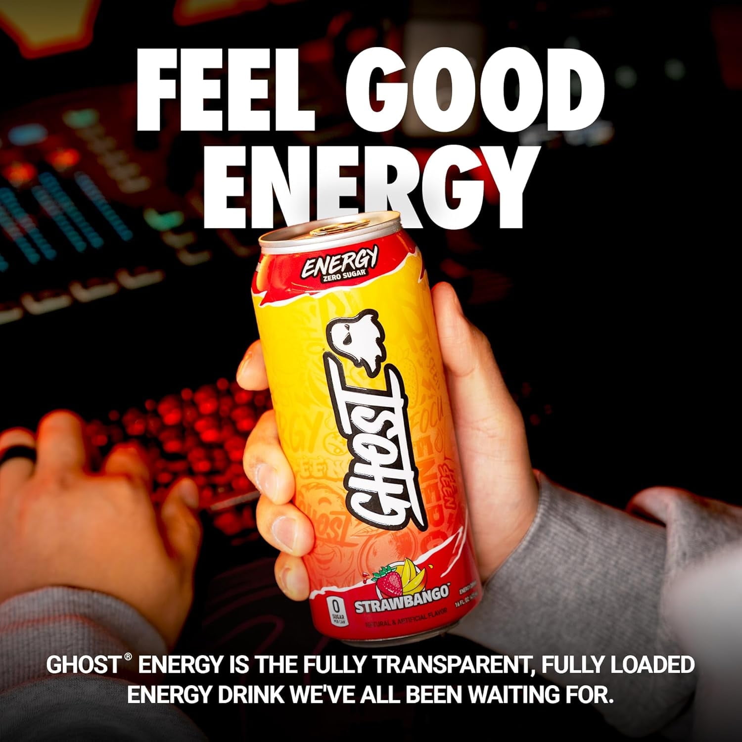 GHOST ENERGY Zero Sugars Energy Drink, Strawbango, 200mg Natural Caffeine, 16 fl oz Can