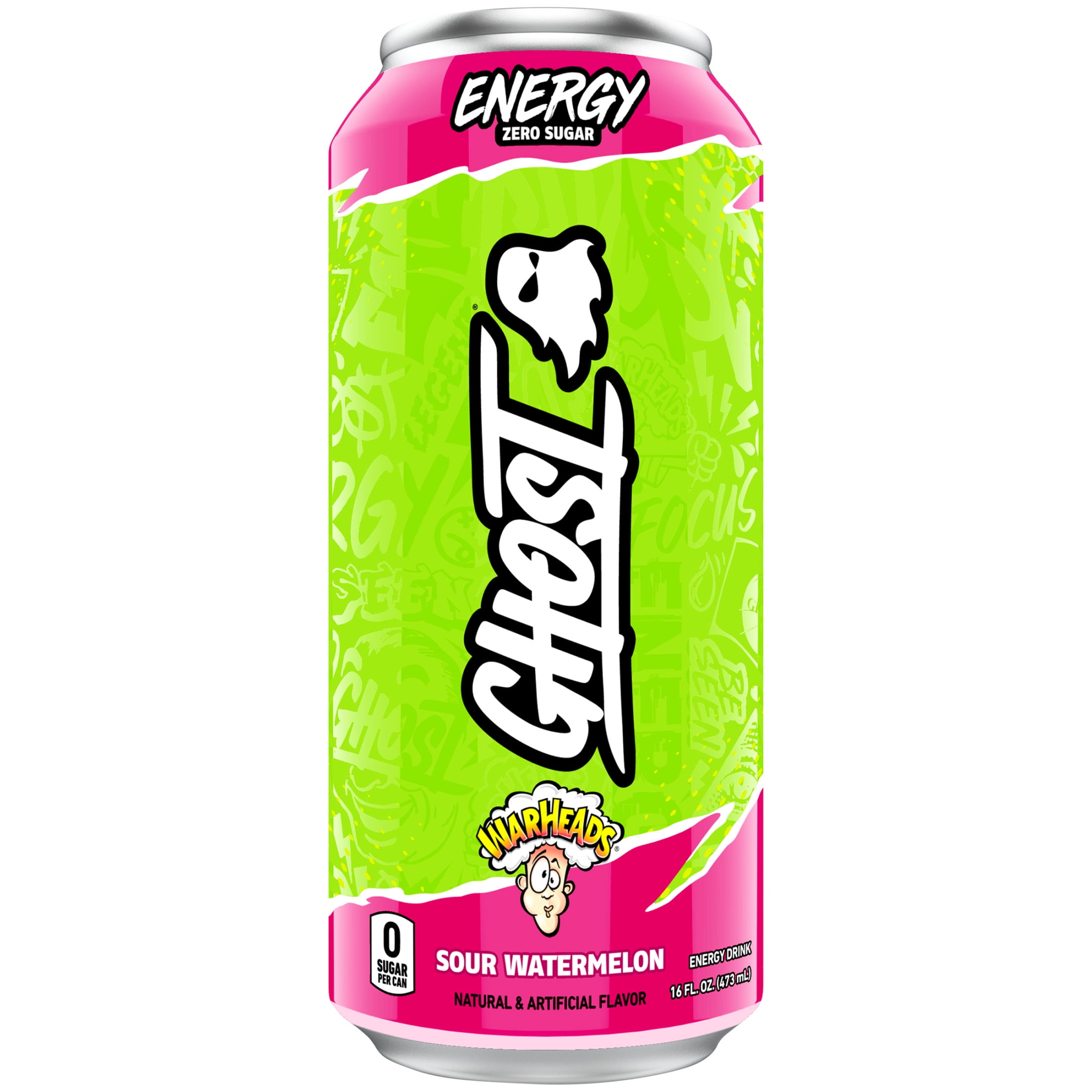 GHOST ENERGY Zero Sugars Energy Drink, WARHEADS Sour Watermelon, 200mg Natural Caffeine, 16 fl oz Can