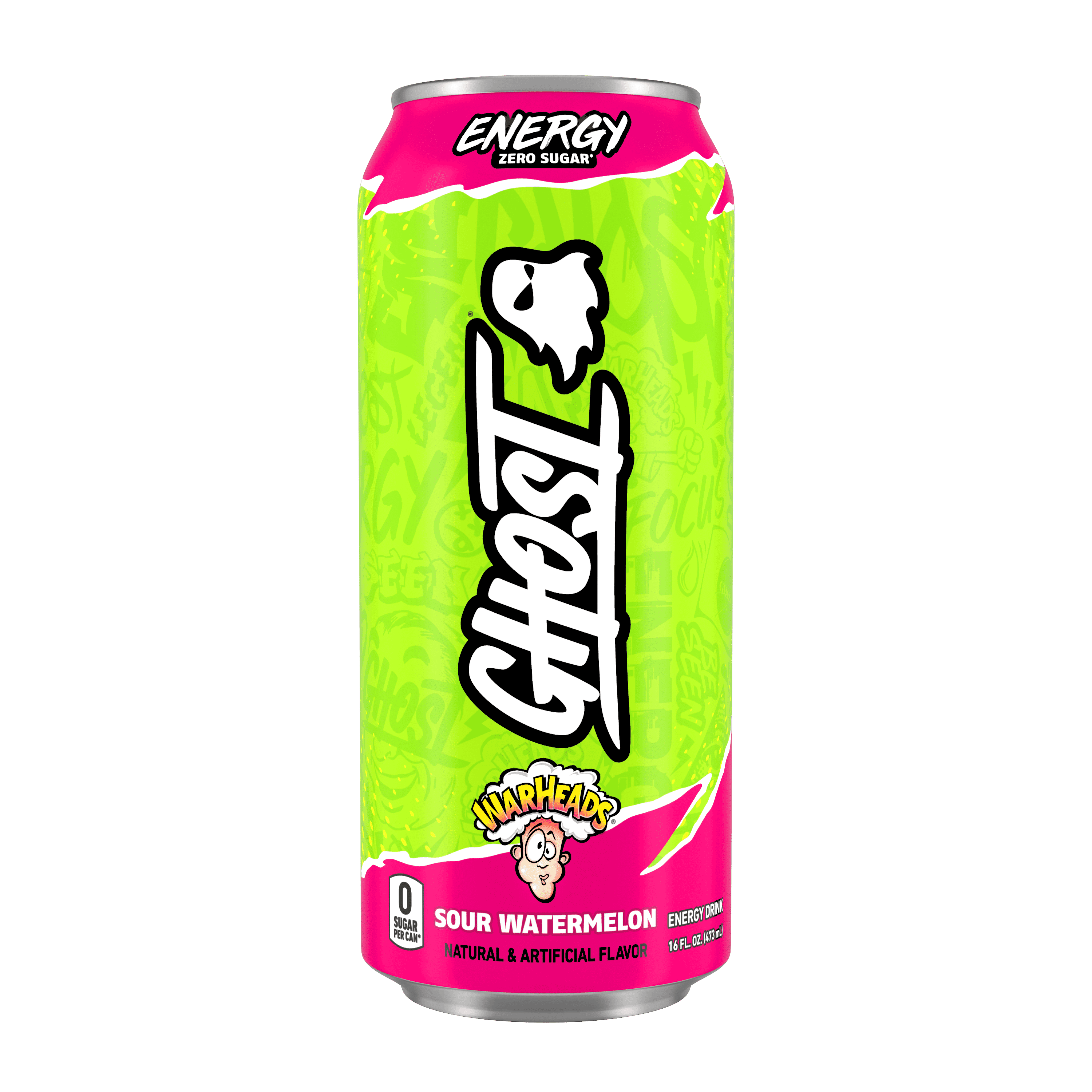 GHOST ENERGY Zero Sugars Energy Drink, WARHEADS Sour Watermelon, 200mg Natural Caffeine, 16 fl oz Can