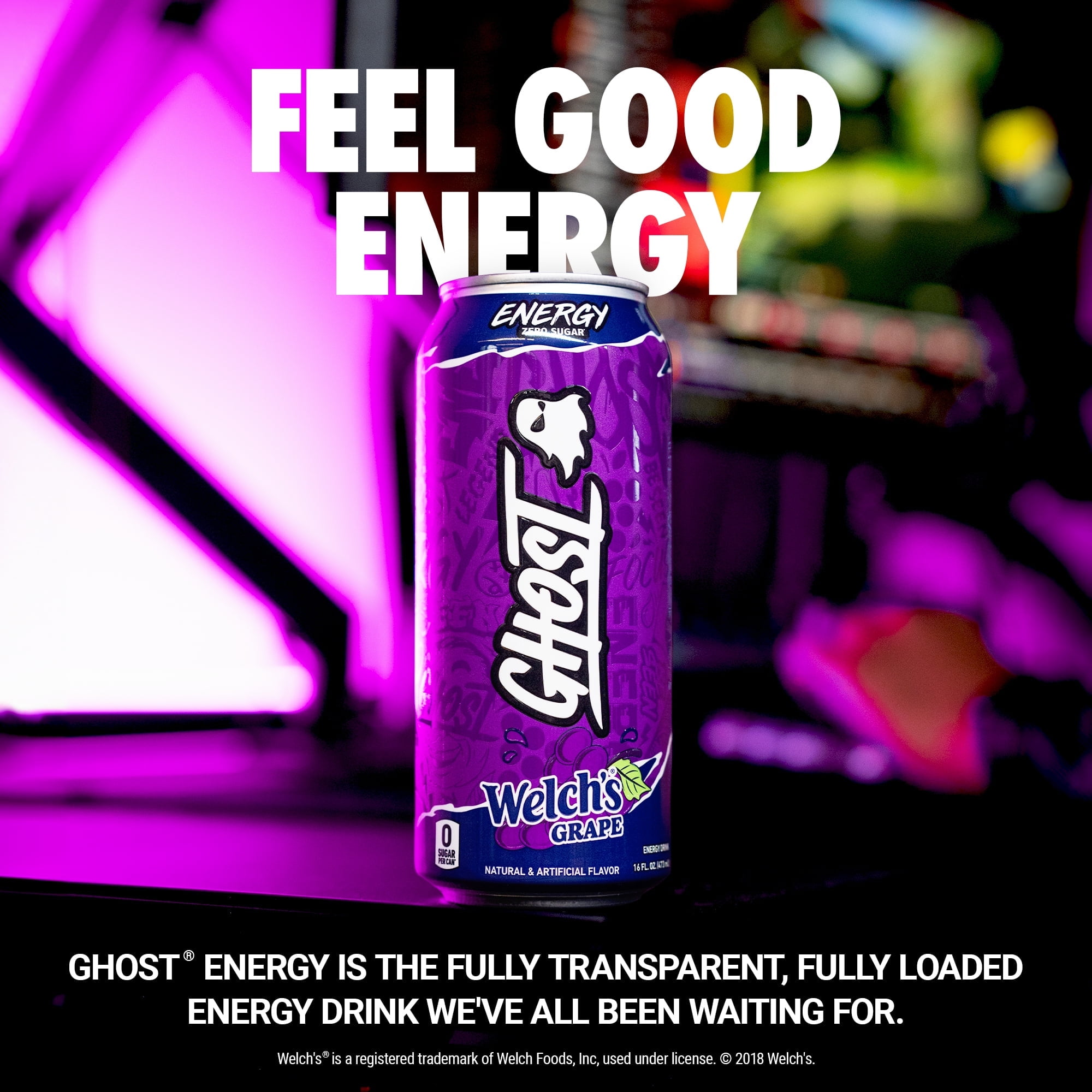 GHOST ENERGY Zero Sugars Energy Drink, Welch's Grape, 200mg Natural Caffeine, 16 fl oz Can