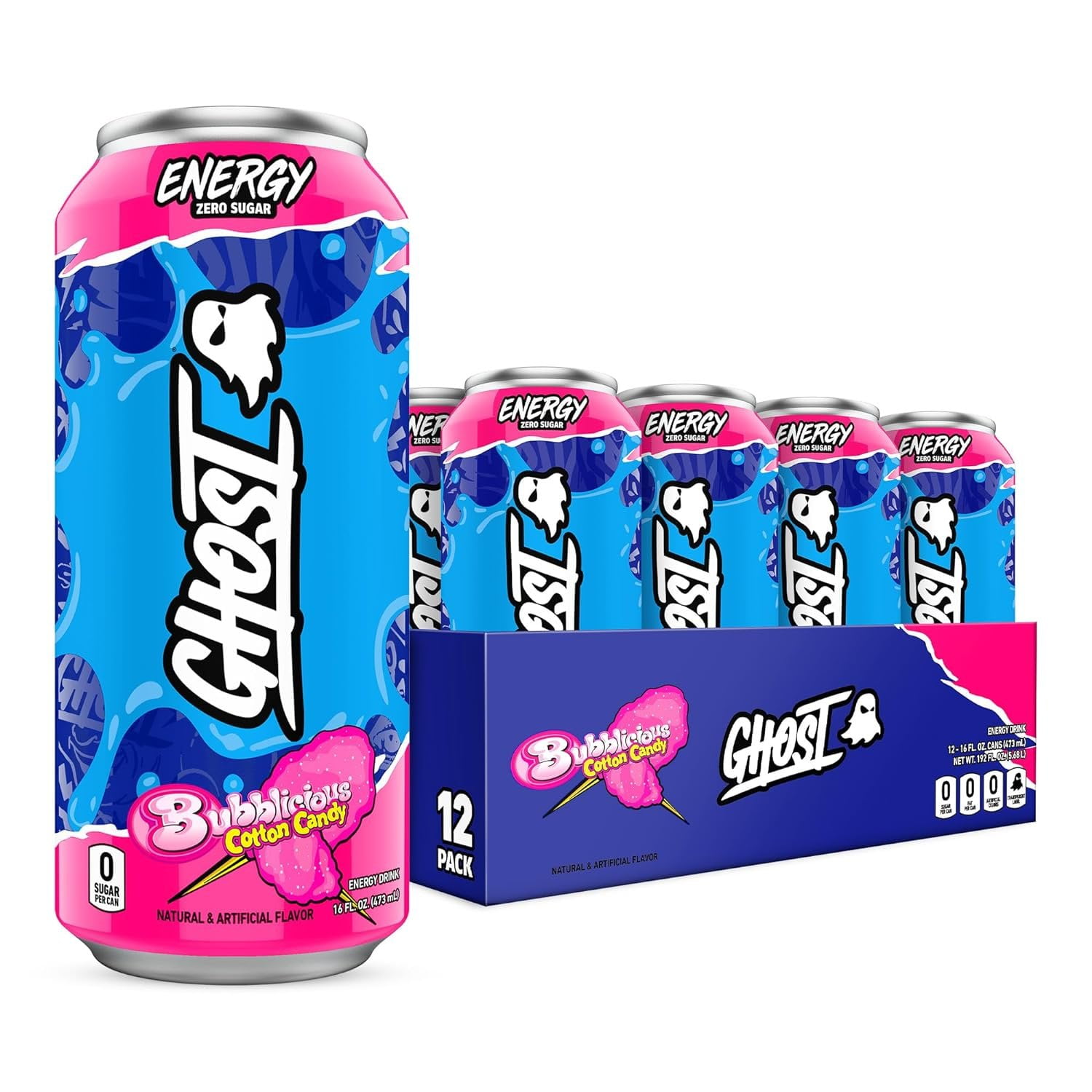 GHOST Energy Drink - 12-Pack, Bubblicious Cotton Candy, 16oz Cans - Energy & Focus & No Artificial Colors - 200mg of Natural Caffeine, L-Carnitine & Taurine - Gluten-Free & Vegan
