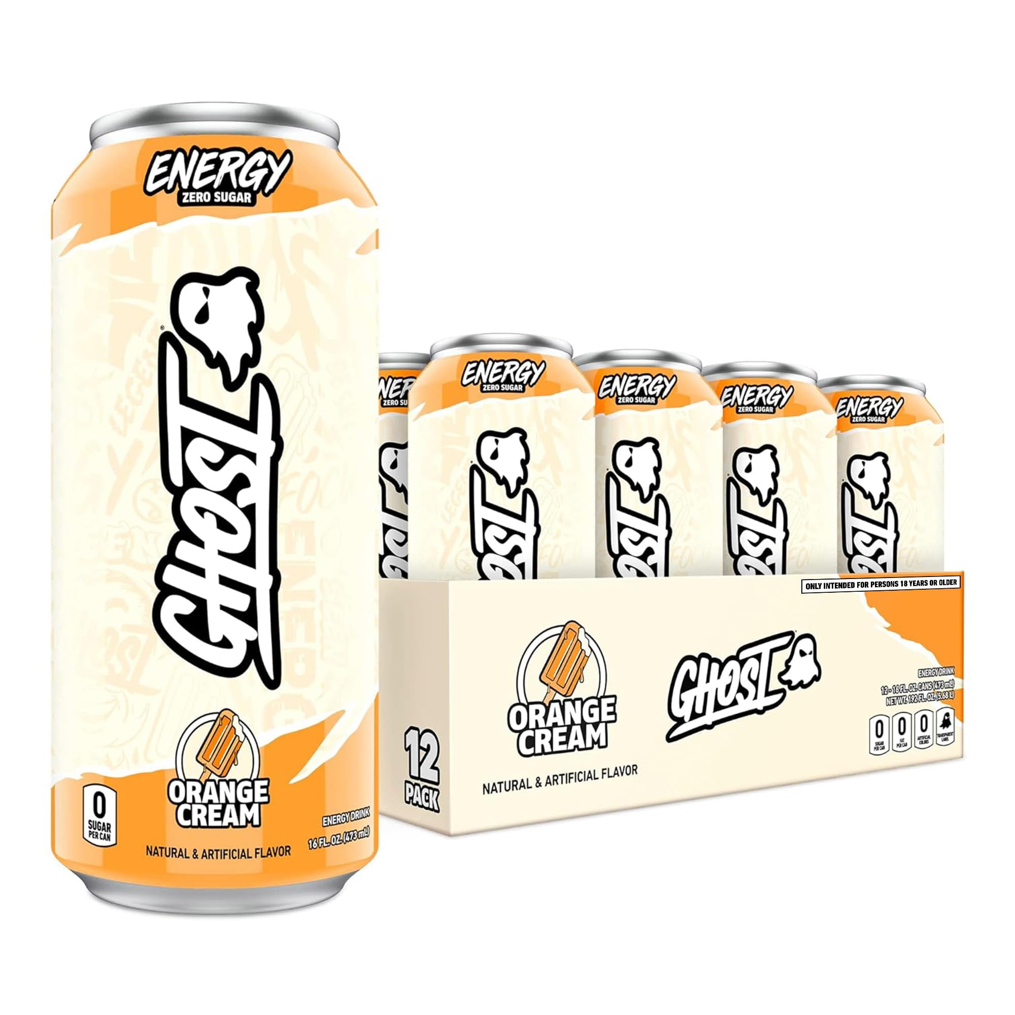 GHOST Energy Drink FEV6- 12-Pack, Orange Cream, 16oz Cans - Energy & Focus & No Artificial Colors - 200mg of Natural Caffeine, L-Carnitine & Taurine - Gluten-Free & Vegan