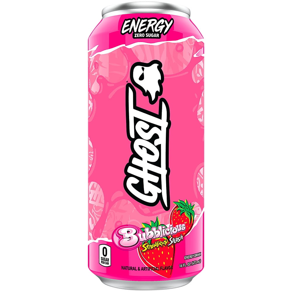 GHOST Energy Drink Zero Sugar Bubblicious Strawberry Splash Limited Edition Flavor 12 Drinks, 16 Fl Oz. Each