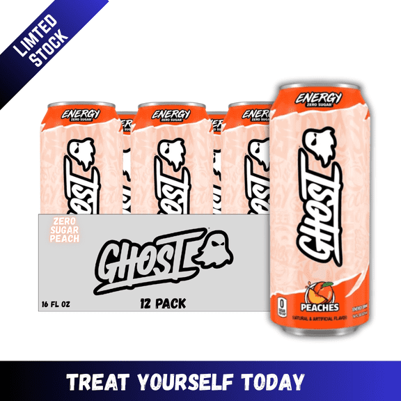 GHOST Energy Drink, Zero Sugar Peach, 16 fl oz, 12 Pack