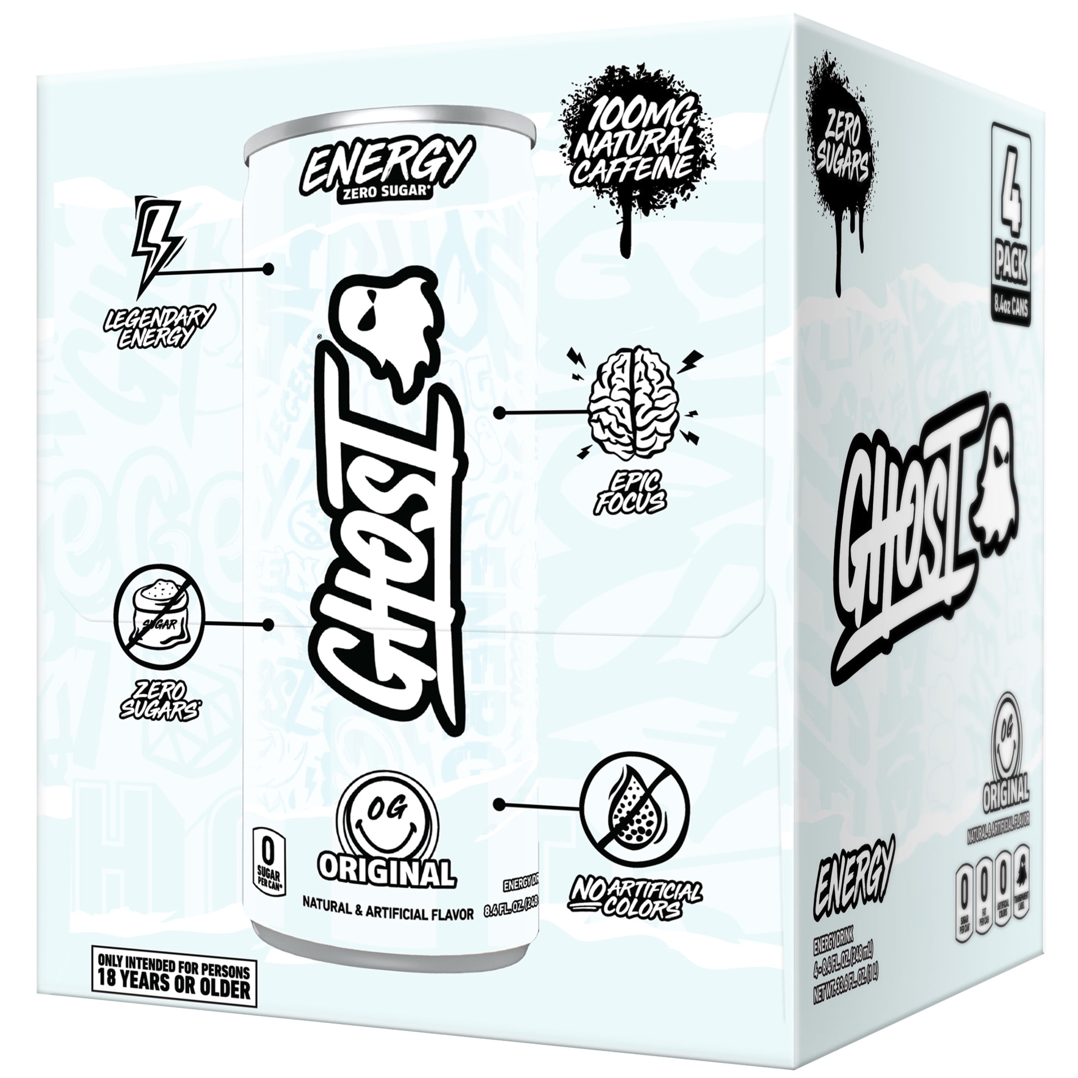 GHOST ENERGY Zero Sugars Energy Drink, Original Flavor, 100mg Natural Caffeine, 8.4 fl oz, 4 Pack Cans