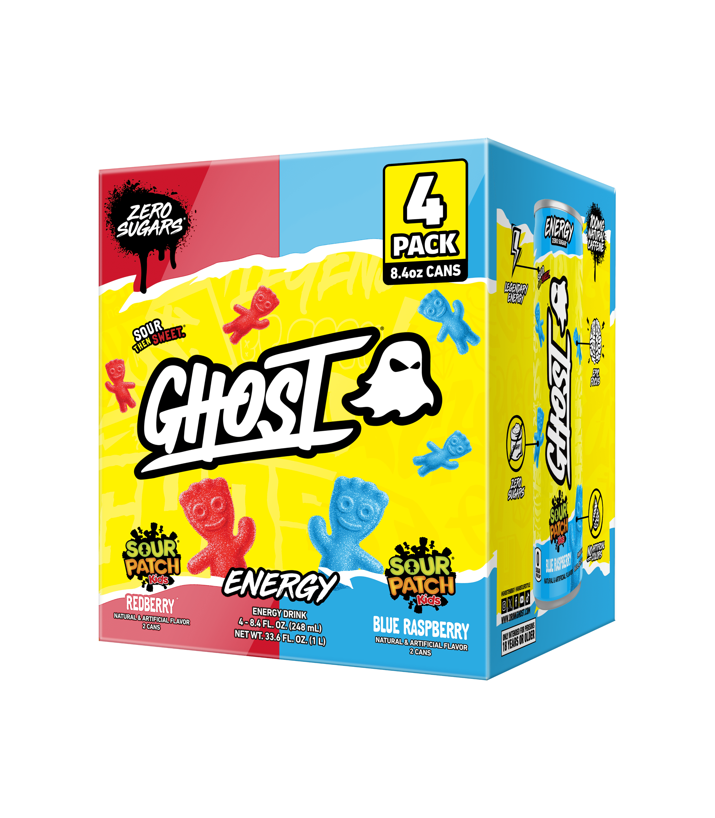 GHOST ENERGY Zero Sugars Energy Drink, Sour Patch Kids Variety Pack, 100mg Natural Caffeine, 8.4 fl oz, 4 Pack Cans