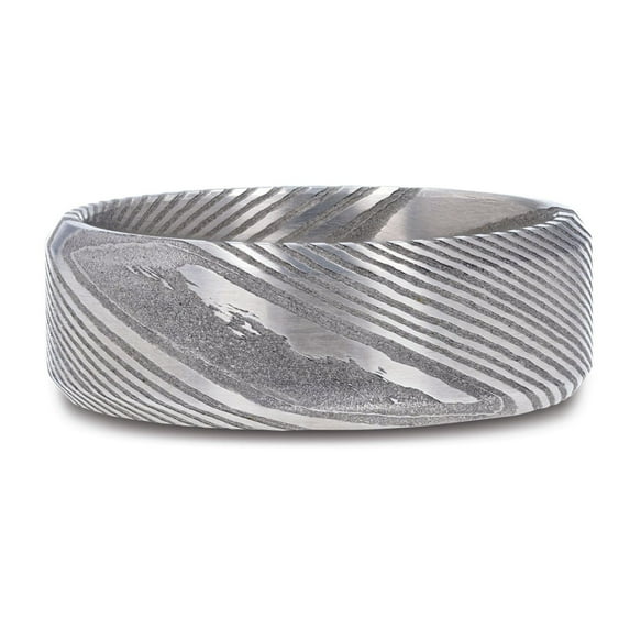 GHOST Grey Damascus Steel Brushed Beveled Men’s Wedding Band with Repeating Artisan Pattern - 6mm & 8mm