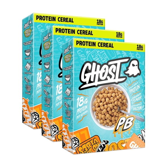 GHOST Protein Cereal, Peanut STF9Butter Flavor (3-Pack) - Crunchy Peanut Butter Cereal Puffs - 18G Protein, Good Source of Calcium - Breakfast Cereal & Snack - 10.8oz Box