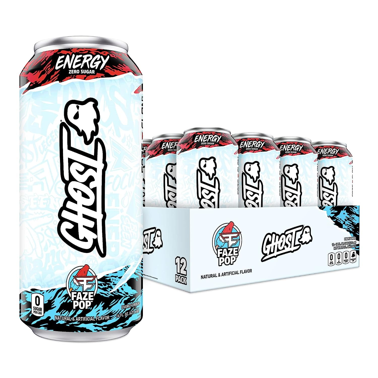 GHOST SugarFree Energy Drink, Faze Pop, 16 oz Can, 12 Pk