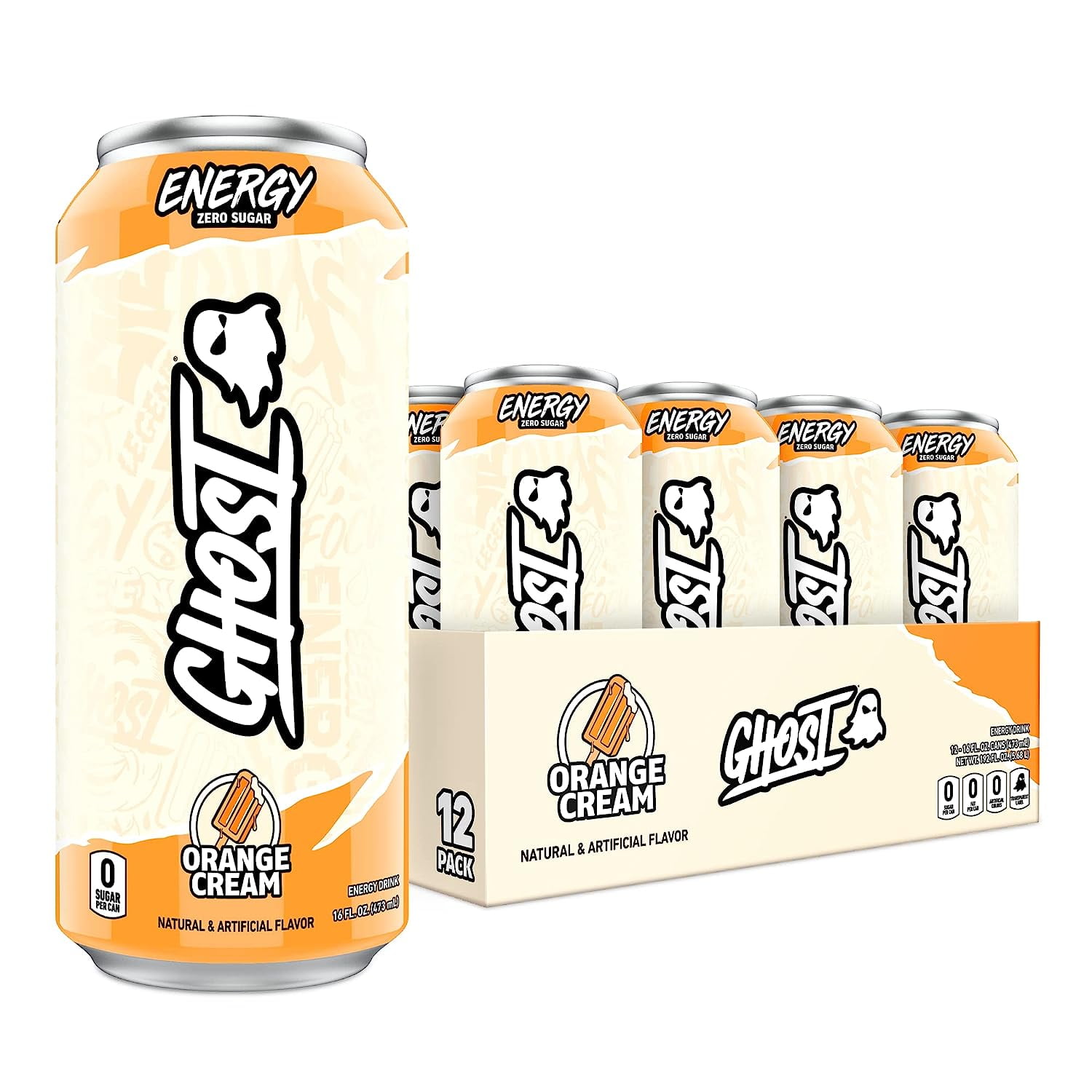 GHOST SugarFree Energy Drink, Orange Cream, 16 oz Can, 12 Pk