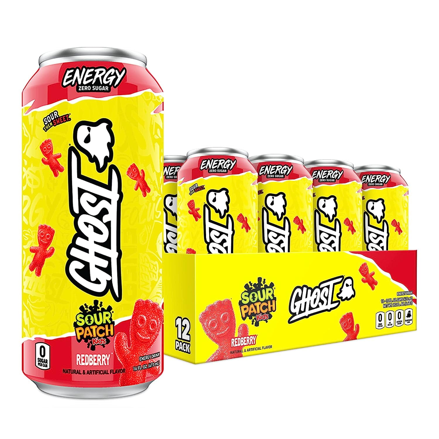 GHOST SugarFree Energy Drink, SOUR PATCH KIDS Redberry, 16 oz Can, 12