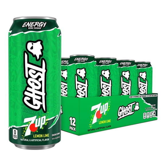 GHOST Zero Sugar Energy Drink, 7UP Lemon Lime, 16 fl oz Can, 12 Pk