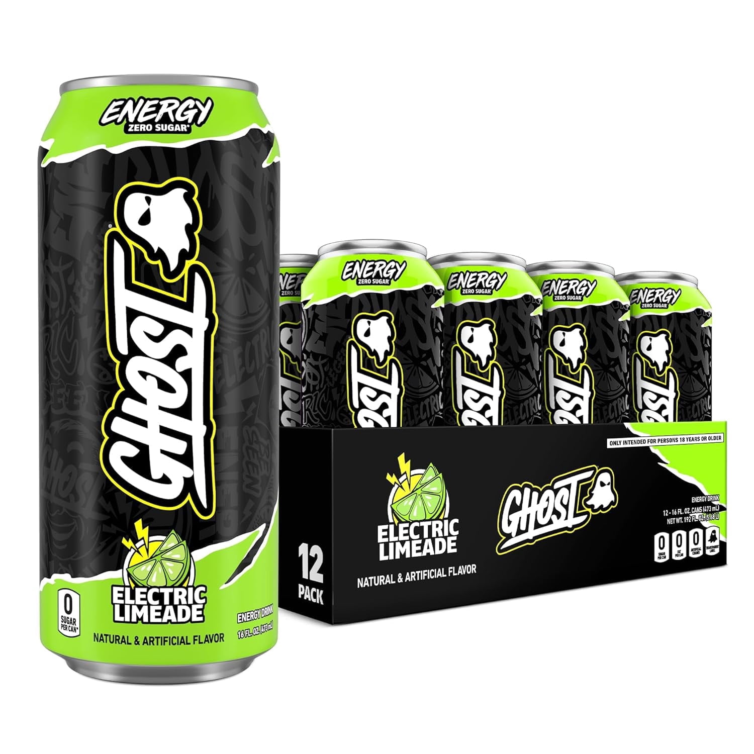 sugar  GHOST Zero Sugar Energy Drink, Electric Limeade, 16 fl oz Can, 12