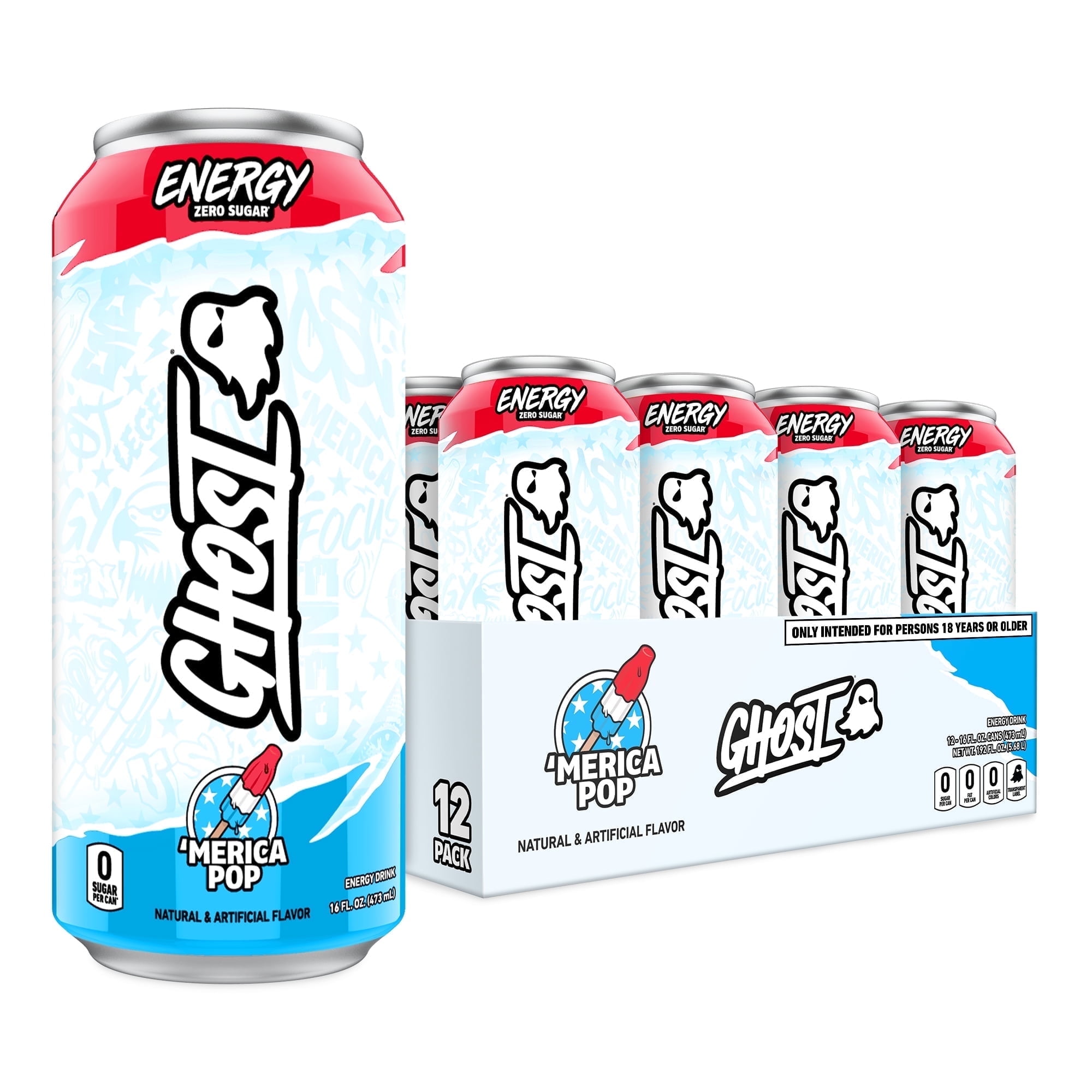 GHOST Zero Sugar Energy Drink Merica Pop 16 oz Can 12 Pack with