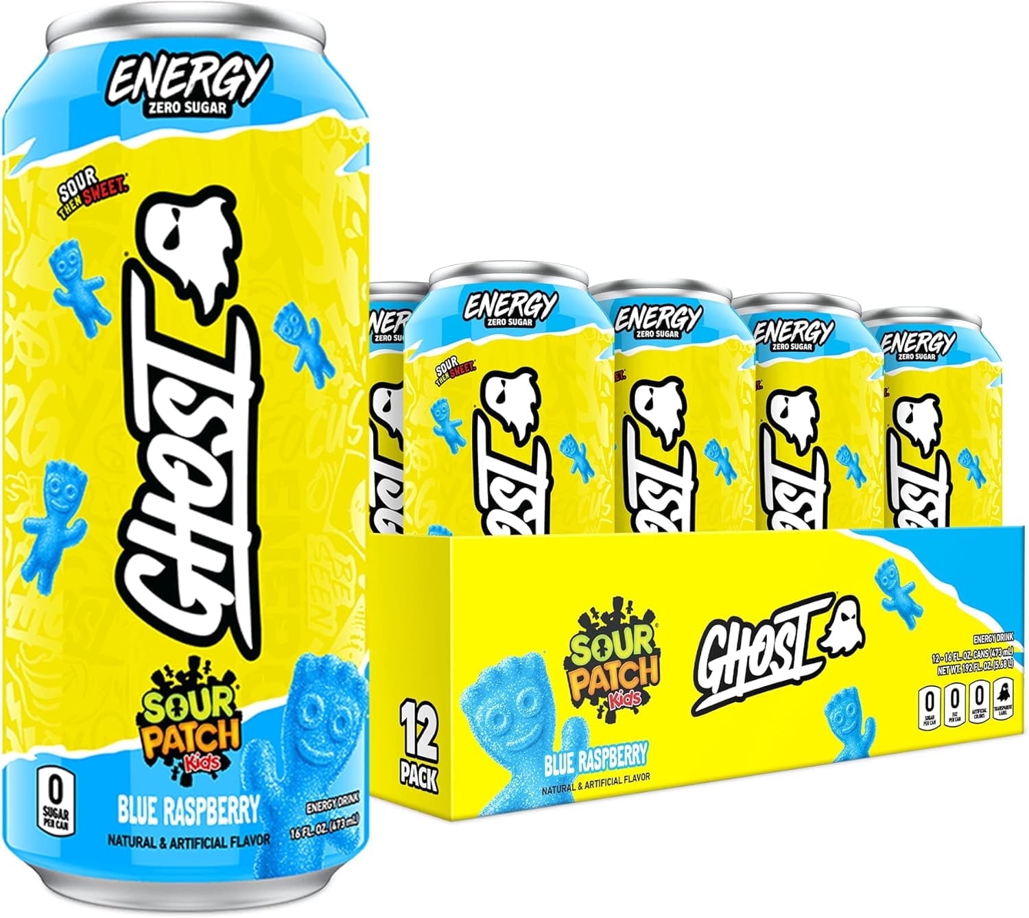 GHOST Zero Sugar Energy Drink, SOUR PATCH KIDS Blue Raspberry, 16 oz Can, 12 Pk