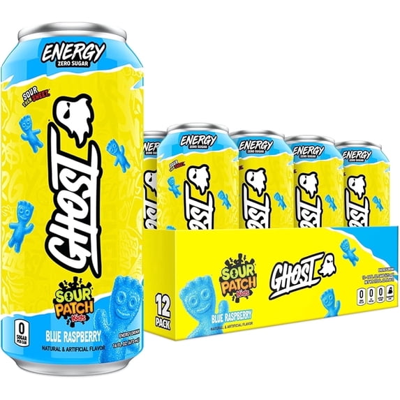 GHOST Zero Sugar Energy Drink, SOUR PATCH KIDS Blue Raspberry, 16 oz Can, 12 Pk