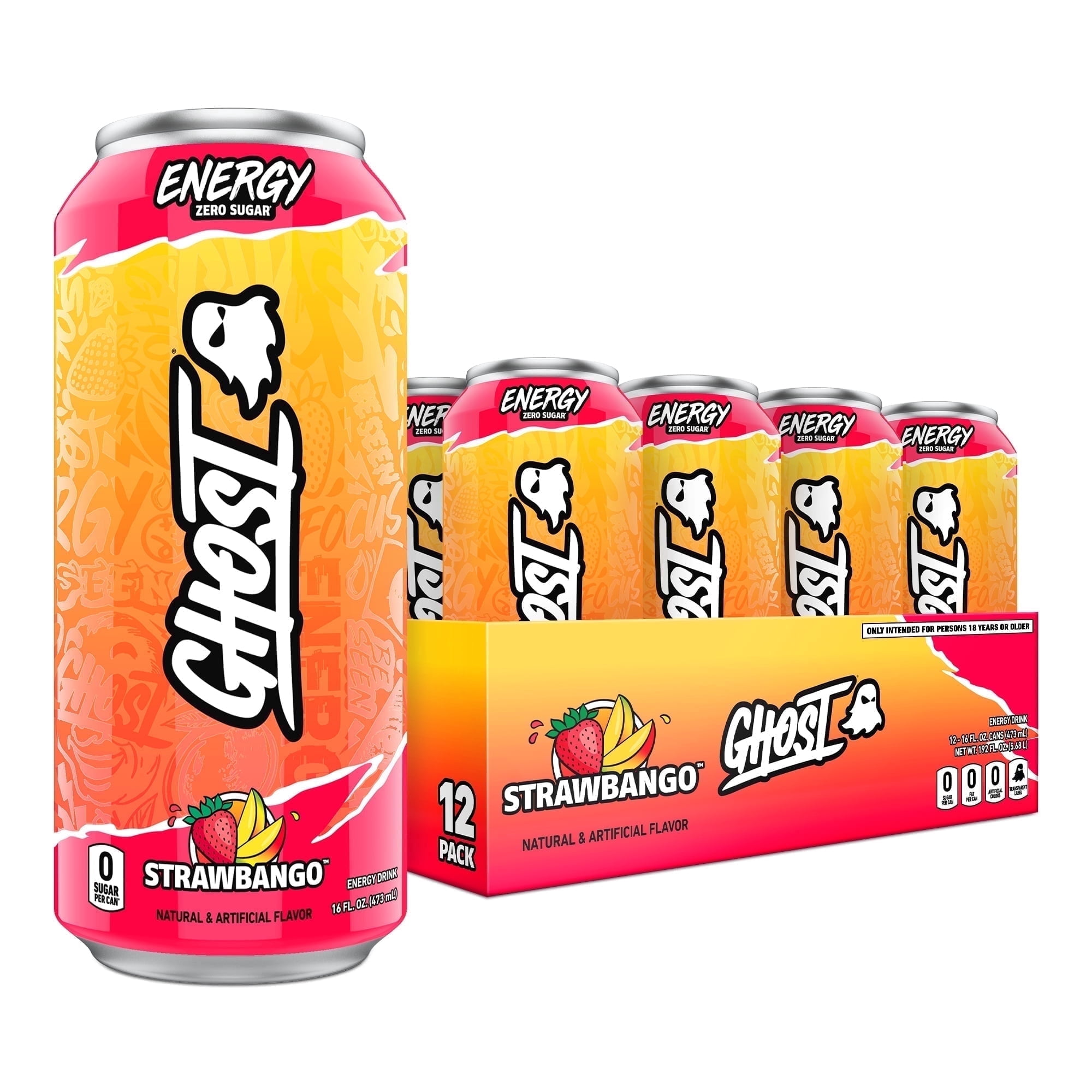GHOST Zero Sugar Energy Drink, Natural Caffeine, Strawbango Flavor