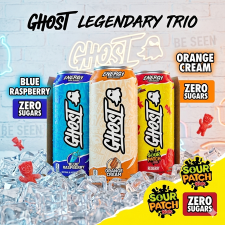 GHOST Zero Sugar Energy Drink Variety Pack, Blue Raspberry, Orange Cream & Sour Patch Kids Redberry, 16 fl oz Cans, Pack of 3