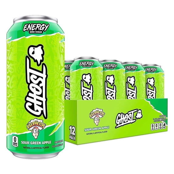 GHOST Zero Sugar Energy Drink, WARHEADS Sour Green Apple, 16 oz Can, 12 Pk