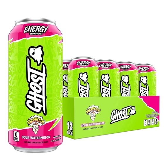 GHOST Zero Sugar Energy Drink, WARHEADS Sour Watermelon, 16 oz Can, 12 Pk