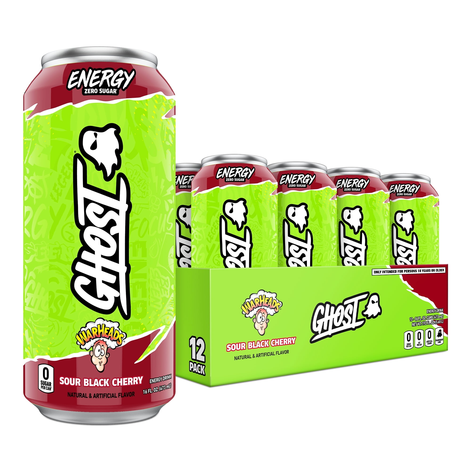 GHOST Zero Sugar Energy Drink, WARHEADS Black Cherry, 16 oz Can, 12 Pk
