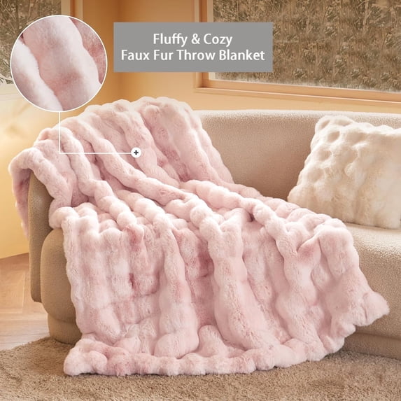 GHOUSE Fuzzy Faux Fur Throw Blanket Soft Fluffy Large Pink Blanket 60 x 80 Inches for Couch Bed Sofa