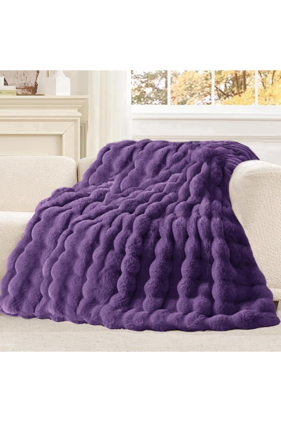 Fuzzy Faux Fur Throw Blanket Soft Fuffy Queen Size Large Blanket for Couch Bed Sofa 60 x 80 Inches Purple