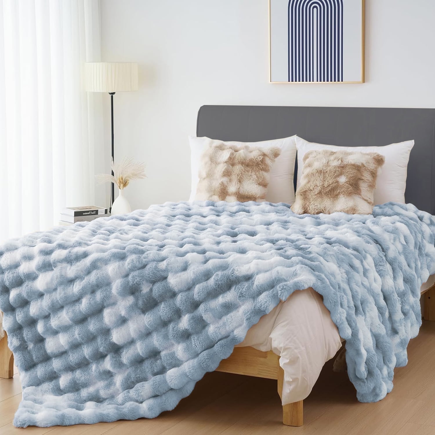 GHOUSE Fuzzy Faux Fur Throw Blanket Soft Fuffy Queen Size Large Blanket for Couch Bed Sofa 60 x 80 Inches Tie-dyed Blue