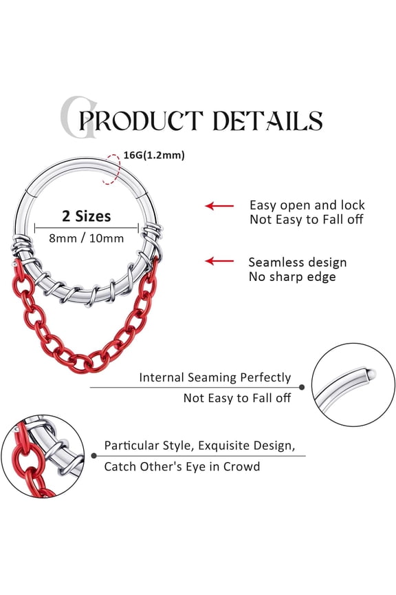 GHRTGR-0G 00G Septum Nose Ring 316L Surgical Steel Earrings With Chain Clicker Hinged Ring for Nostril Conch Cartilage Hoop Helix Daith Tragus Body Piercing Jewelry for Women Men 8MM 10MM