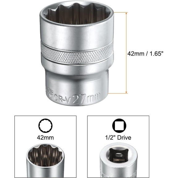 GHRTGR-1/2" Drive by 27mm 12-Point Shallow Socket 42mm Length Metric Spline Socket
