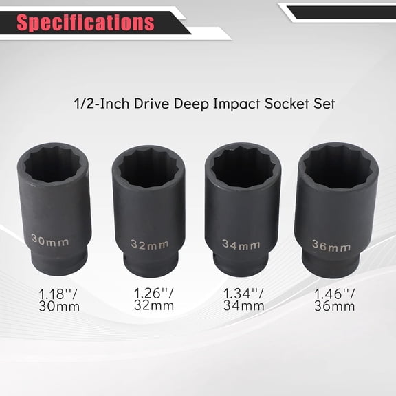 GHRTGR-1/2-Inch Drive Deep Impact Socket Set | 4PCS Heavy Duty Deep Spindle Axle Nut Impact Socket Set,12 Point Metric, CR-MO, 30,32,34,36mm