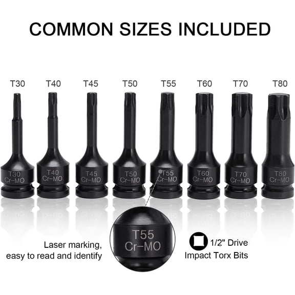 GHRTGR-1/2 Inch Drive Impact Torx Star Socket Bits Set 8-Piece T30 T40 T45 T50 T55 T60 T70 T80 Cr-Mo 3-Inch Extra Long Air Impact Triple Square Socket Wrench