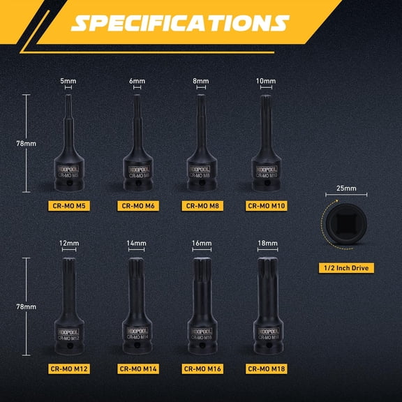 GHRTGR-1/2 Impact Triple Square Socket Bit Set, M5 M6 M8 M10 M12 M14 M16 M18, Cr-Mo Steel, Heavy-Duty Metric Sockets with Storage Case (Triple Square Bit Socket Set)