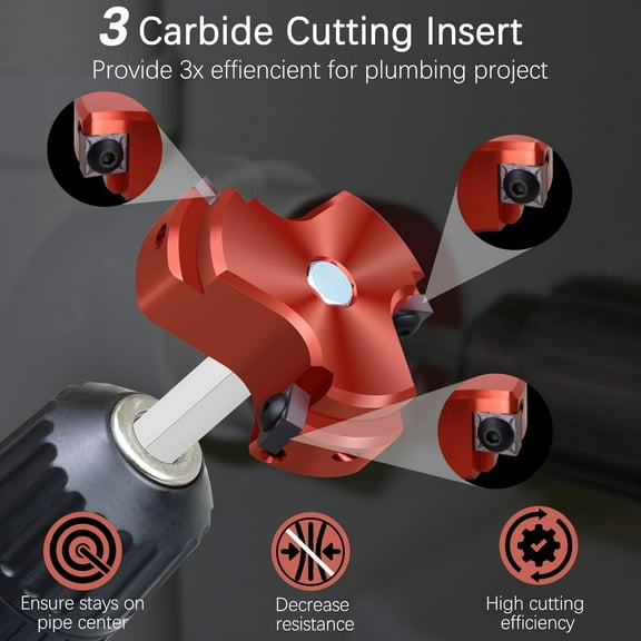 GHRTGR-1 Inch PVC Pipe Reamer with Triple Blade, PVC Socket Saver Fitting Saver with 1/4-Inch Hex Shaft, Plastic Pipe Fitting Reamer Plumbing Tool for Sch.40 CPVC ABS Socket Hub,Fit Standard 1/2" Dri