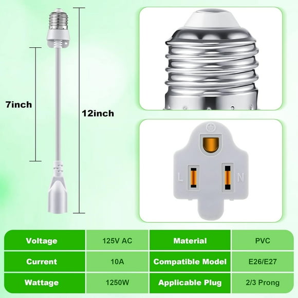 GHRTGR-1 Pack 3 Outlet Light Socket Adapter, Convert E26/E27 Bulb Socket to 3 Prong Outlet with Extension Cord, Light Bulb Plug Adapter Converter Suitable for Outdoor Porch Garage Patio Use (White)