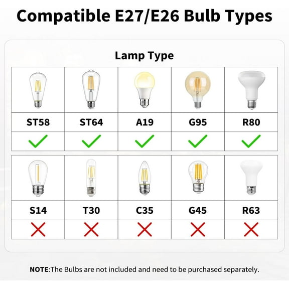GHRTGR-10 FT Hanging Lantern Pendant Light Cord with E26/E27 Socket, IP44 Waterproof, Ideal for Indoor/Outdoor Use