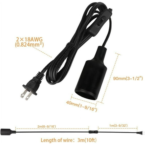 GHRTGR-10 FT Hanging Light Socket with Cord, Black E26 Extension Cord with ON Off Switch Plug, E27 Light Bulb Cord and Socket, Hanging Lamp Socket for DIY Pendant Light Fixture Hanging Lantern Cable