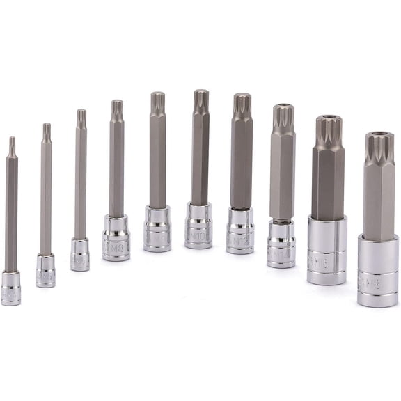 GHRTGR-10 Piece Spline Tip Bit Socket Set, M-Type, S2 and Cr-V Steel, Extra Long 4'' Length, M4-M18, XZN Triple Square Spline Bit Socket Set