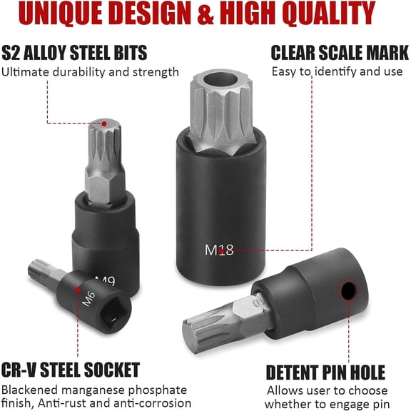 GHRTGR-10-Piece XZN Triple Square Spline Bit Socket Set, 1/4, 3/8 and 1/2 Drive M4 - M18 Triple Square Socket Set, S2 Steel Bits and CR-V Sockets With Storage Case