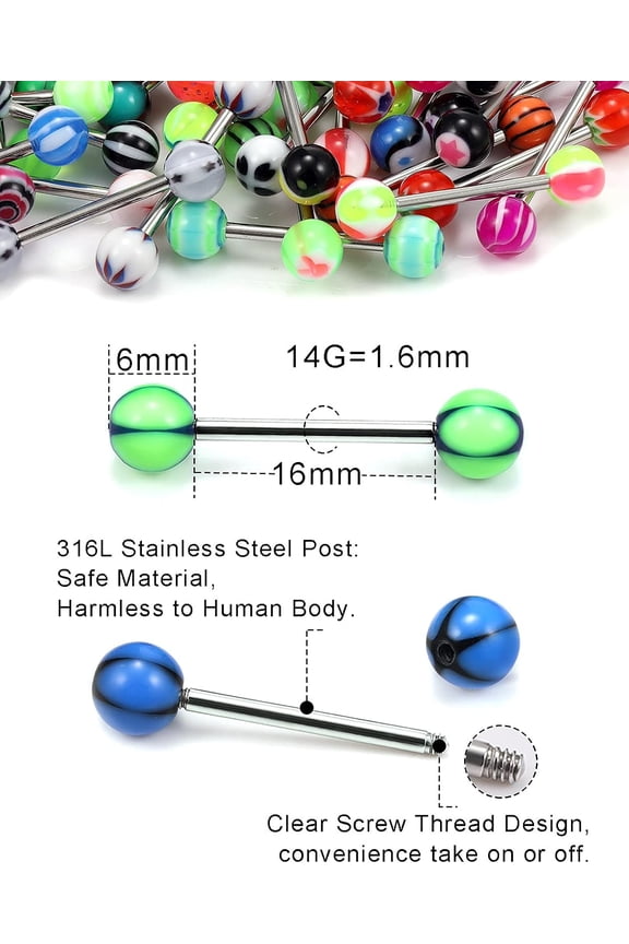 GHRTGR-100pcs 14g Tongue Rings Nipple Rings for Women Men Surgical Stainless Steel Tongue/Nipple Piercing Jewelry Plastic Metal Tongue Rings 16MM Acrylic Straight Barbells Body Piercing Jewelry