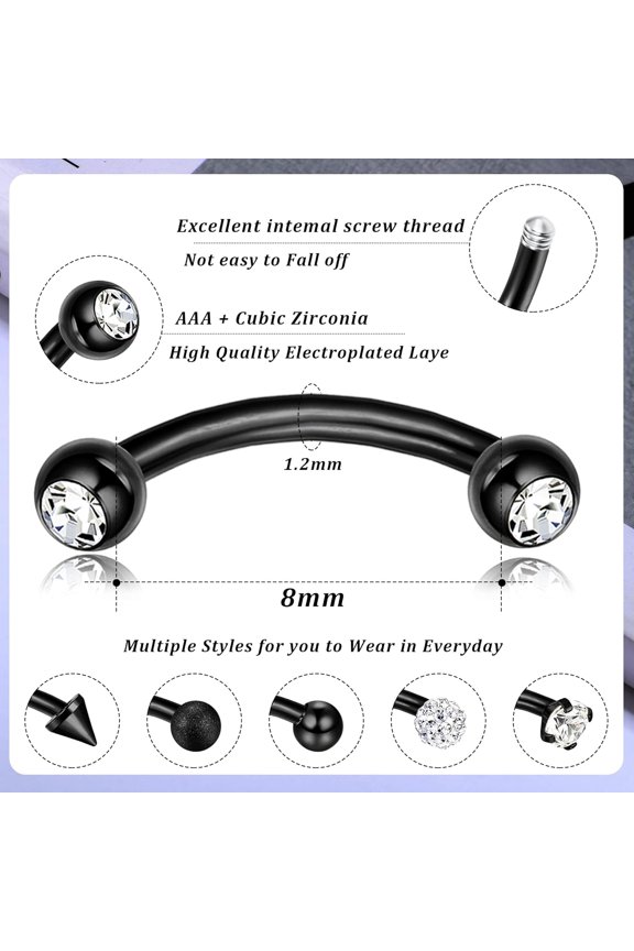 GHRTGR-12 PCS Rook Piercing Jewelry Rook Earrings for Women Men Eyebrow Rings 16G Stainless Steel Curved Barbell Dangle CZ Belly Lip Ring Cartilage Daith Surface Tragus Piercing Jewelry
