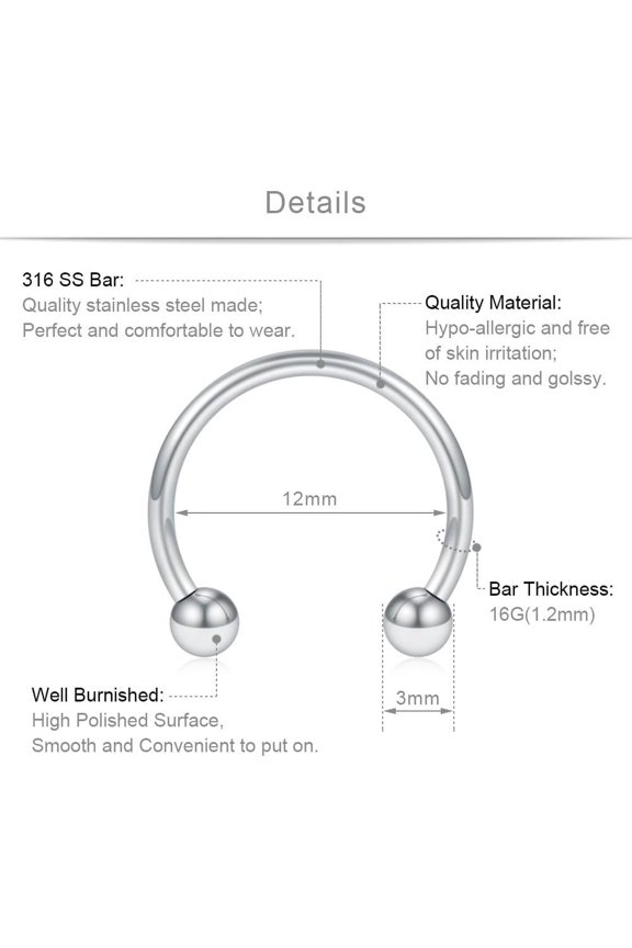 GHRTGR-12PCS 316L Stainless Steel 16G Circular Barbells Eyebrow Lip Ear Tragus Horseshoe Hoop Rings 6-12mm