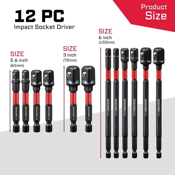 GHRTGR-12Pcs Impact Square Socket Adapter Set,1/4" 3/8" and 1/2" Drive,Adapt Your Power Drill to High Torque Impact Wrench