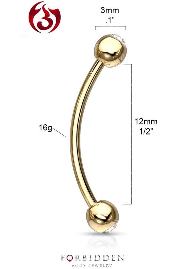 GHRTGR-12mm Surgical Steel Curved Barbell w/Gemmed Ends for Snake Eyes Tongue Piercing