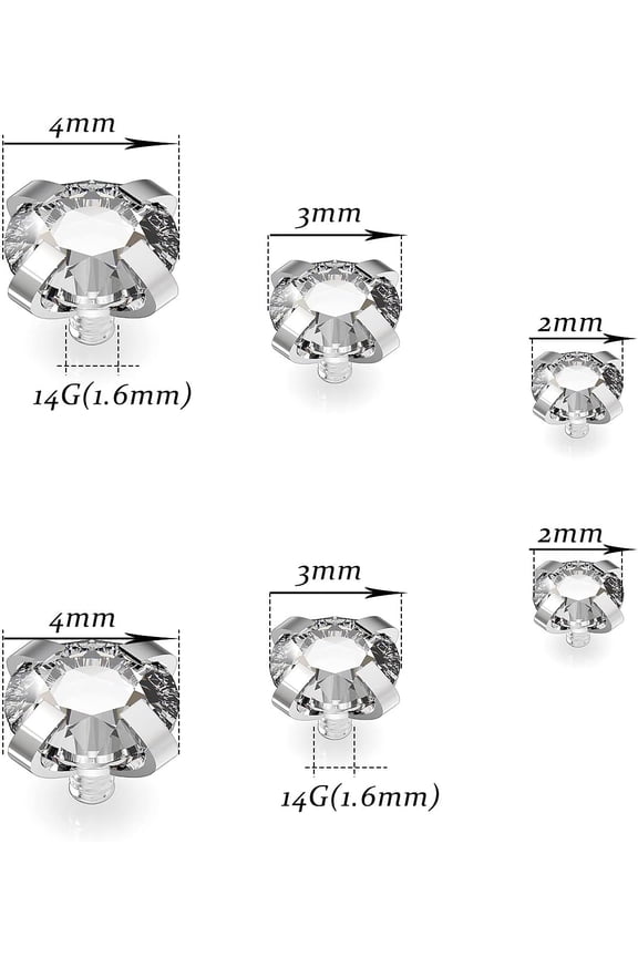 GHRTGR-14G Dermal Piercing Jewelry Tops Surgical Steel Face Dermal Jewelry Internally Threaded Dermal Anchor Piercing Jewelry Tops for Women Men 14 Gauge Silver Cubic Zirconia 2mm 3mm 4mm