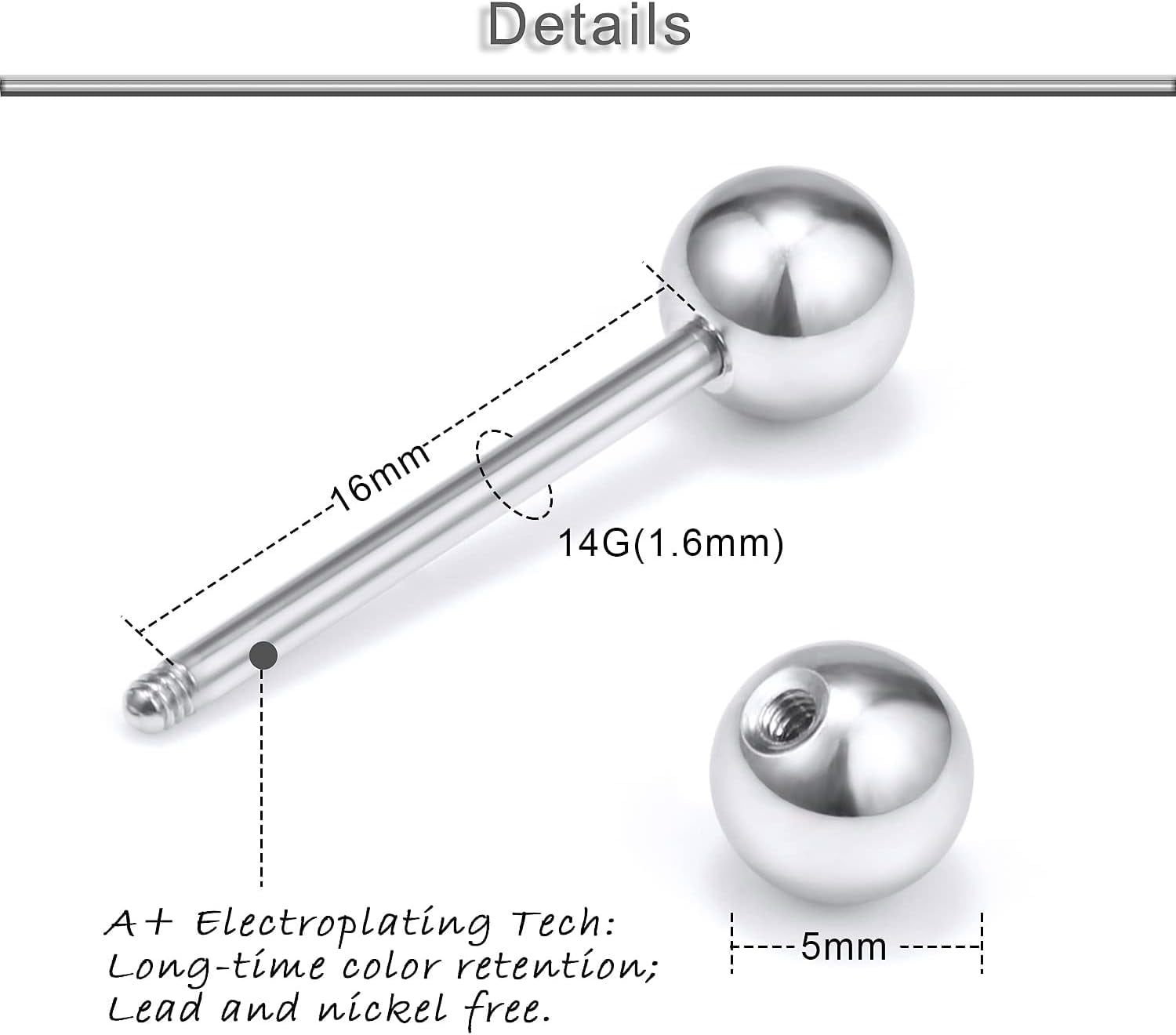 14g 16mm Piercing Bar Long Nipple Piercing Bar 14G Titanium With