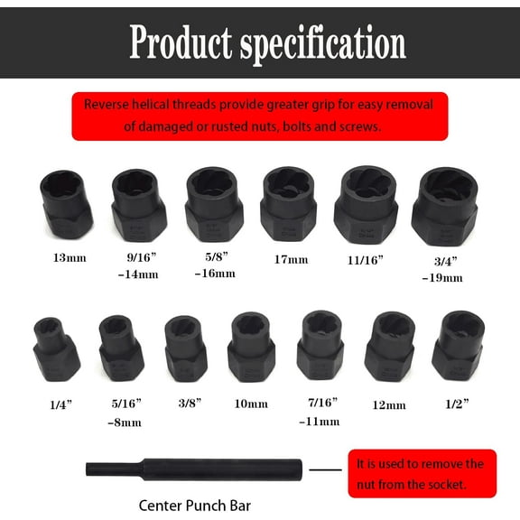 GHRTGR-14PCS Twist Lug Nut Socket Set - 3/8 inch Drive Damaged Nut Lock Remover Extractor - Rusted & Stubborn Locking Nut Removal Tool Kit Center Punch Bar